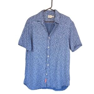 Faherty Brand Palma Linen Shirt Mens Medium Indigo Dyed Blue Floral Short Sleeve